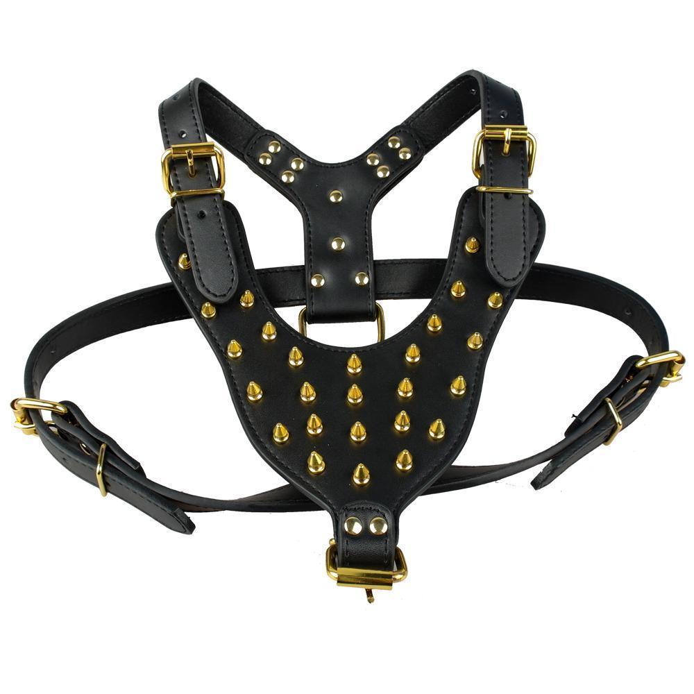 Pet Dog Gold Spiked Studded Leather Harness Collar Leash Set for Large